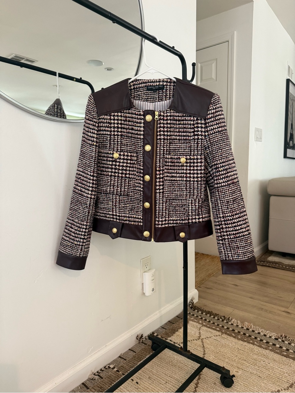 Houndstooth Jacket with Burgundy Leather Trim